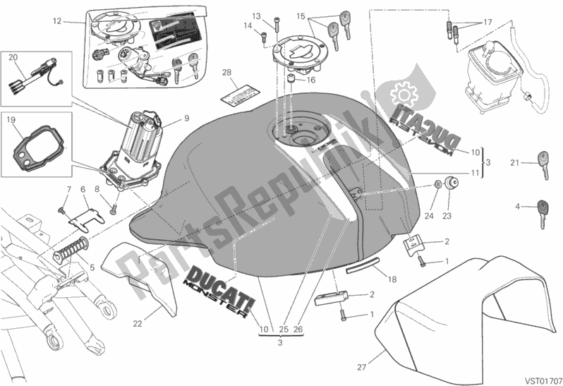 All parts for the 032 - Fuel Tank of the Ducati Monster 1200 R 2018